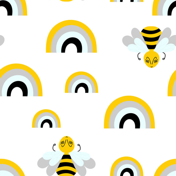 Cute cartoon bee or Bumble Bee and rainbow. Flat style. Vector seamless pattern on white. Hand drawn insects. - Vector, Image