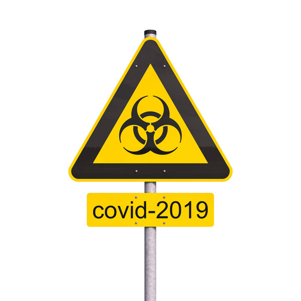 3D vykreslení žlutého výstražného znamení biohazardu a zprávy covid-2019 nad bílým pozadím - Fotografie, Obrázek