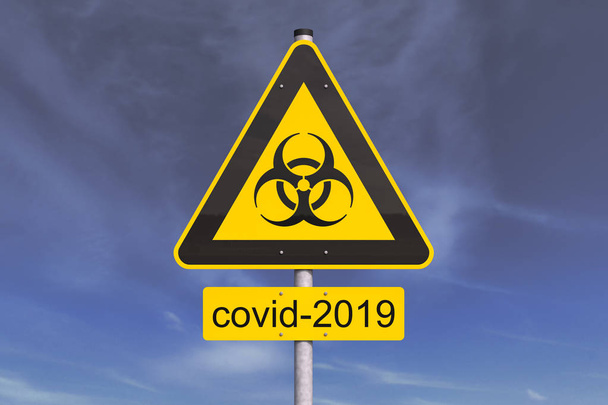 3d καθιστούν κίτρινο προειδοποιητικό σήμα για βιολογικούς κινδύνους και το μήνυμα covid-2019. Στο βάθος ένας σκοτεινός, γκρίζος ουρανός με σύννεφα - Φωτογραφία, εικόνα