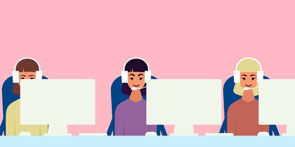 Team of call center workers in the office. Flat design. Vector illustration - ベクター画像