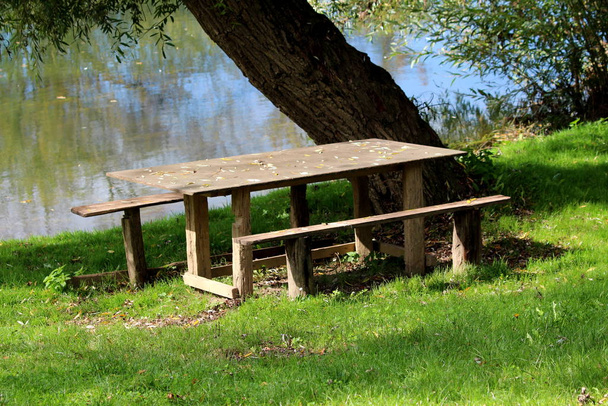 Kotitekoinen improvisoitu puinen pöytä, jossa on kaksi penkkiä, jotka on valmistettu kapeista puulevyistä ja puutukista paikallisella joen rannalla paksun vanhan puun vieressä, jota ympäröi leikkaamaton ruoho ja rauhallinen joki
 - Valokuva, kuva