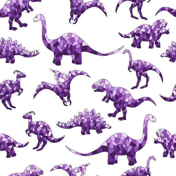 Vector seamless pattern of abstract purple dinosaurs on a white background, for design of mosaics, stained glass, covers, packages, and textile prints - Vector, Imagen