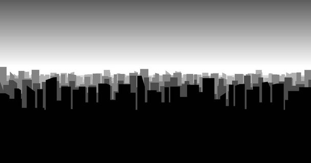 Sylwetka miasta. Metropolis z wieżowcami i wieżowcami pod rząd. Miejski krajobraz w płaskim stylu na gradientowym tle. Czarno-biały ilustracja, Szeroki poziomy format, wektor - Wektor, obraz
