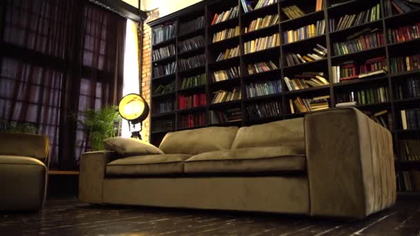 sofa we wnętrzu salonu z czerwoną ceglaną ścianą i półkami na książki - Materiał filmowy, wideo