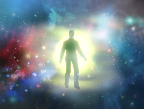 silhouete of a man with rays of light emanating  as a symbol of the power of thinking. Concept of psychiatry,  psychology,  religion. Ghost of a man taken up into heaven. 3d render - Photo, Image