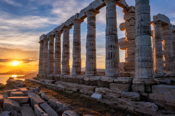 Poseidon chrám zříceniny na mysu Sounio při západu slunce, Řecko - Fotografie, Obrázek