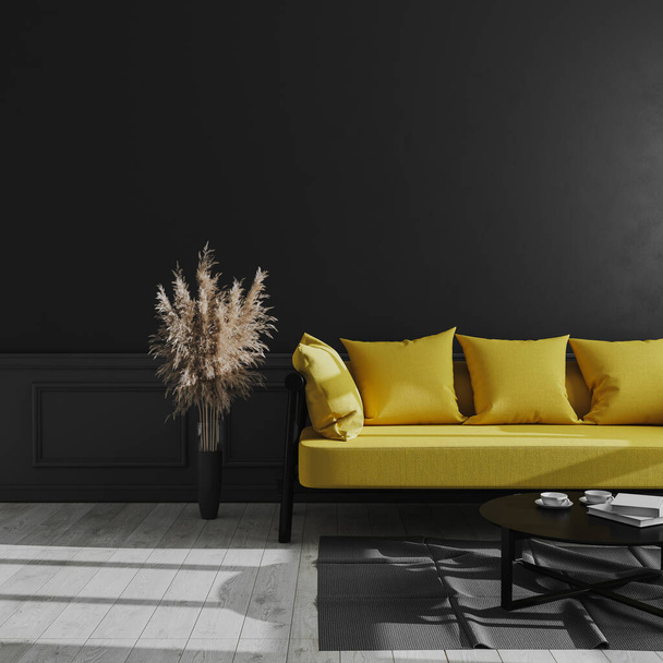 Modern oturma odası, siyah duvarı, sarı kanepesi ve otlağı olan, lüks, karanlık iç mekanı olan, karanlık oturma odası, İskandinav tarzı, 3D görüntüleme. - Fotoğraf, Görsel