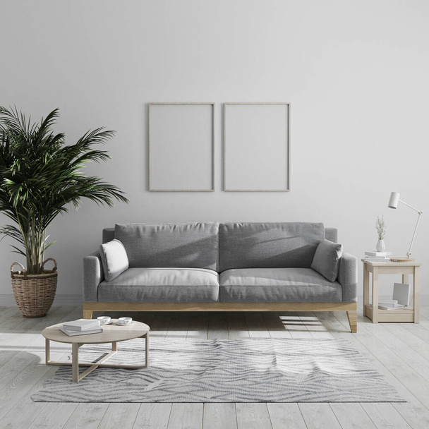 Dos marcos de póster de madera verticales en blanco se burlan en el interior moderno de la sala de estar minimalista con sofá gris y palmera, fondo interior de la sala de estar, estilo escandinavo, 3d render
 - Foto, Imagen