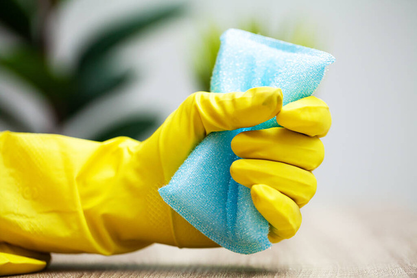 Közelkép takarító cég munkavállaló kéz gazdaság szivacs - Fotó, kép