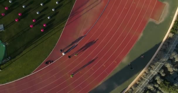 陸上競技場上空で空中ドローン撮影。人々はジョギングやオリンピック大会やトレーニングに挑戦し.  - 映像、動画