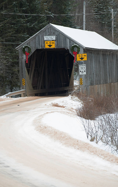 Puente cubierto de trucha Creek en el invierno
 - Foto, Imagen