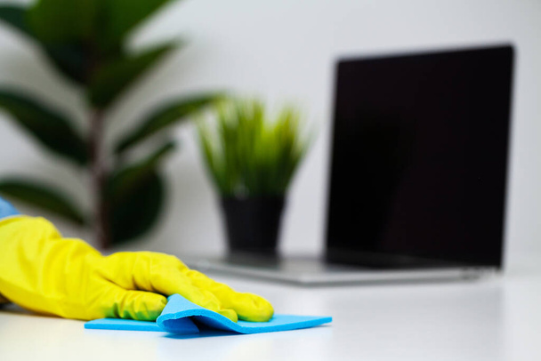 Fechar a empresa de limpeza trabalhador mão segurando esponja
 - Foto, Imagem