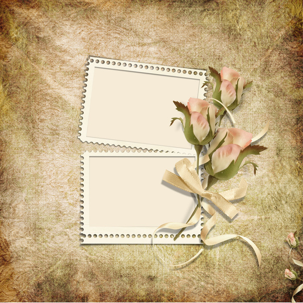 Vintage background with stamp-frames and roses - Φωτογραφία, εικόνα