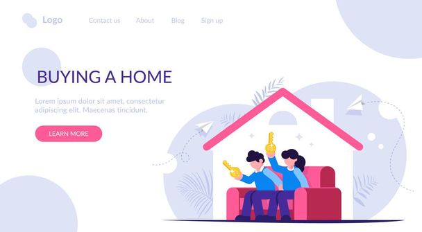 Buying a home concept. Young family sits on the couch in a new house with keys in their hands. Buying a new apartment with the help of a bank. Landing web page template. - Vector, Image