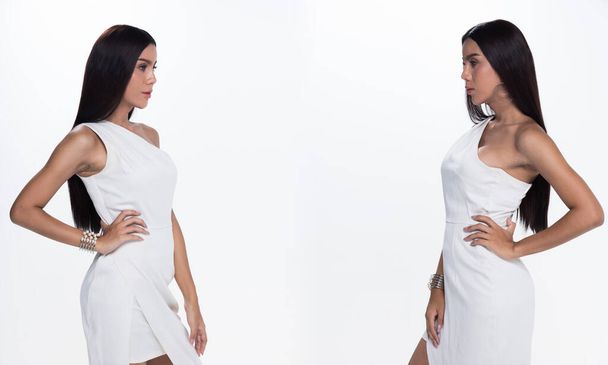 Μόδα Τρανσέξουαλ Νέα λεπτή ασιατική γυναίκα μαύρισμα δέρμα μακριά μαλλιά όμορφη συνθέτουν μόδα λευκό φόρεμα που θέτει ελκυστική glam υγρή εμφάνιση. Studio Φωτισμός λευκό απομονωμένο φόντο, πακέτο ομάδα κολάζ - Φωτογραφία, εικόνα