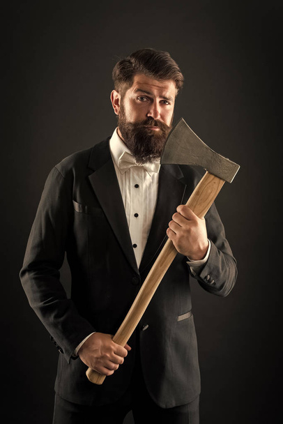 Own opinion. Decision was made. Man brutal hipster with axe. Sharp ax hand confident guy. Masculinity and brutality. Barbershop hairstyle. Brutal barber. Brutal manners. Resoluteness concept - Foto, Imagem
