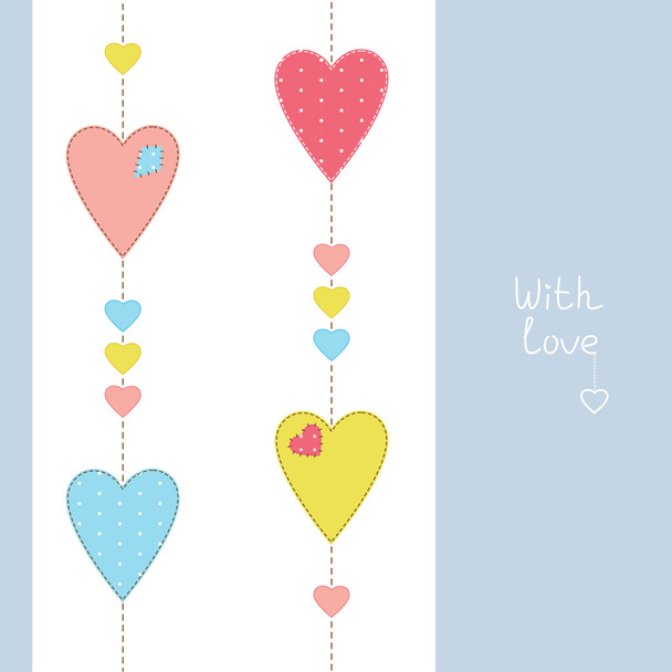 Greeting card with stitched hearts and love - Vector, Imagen