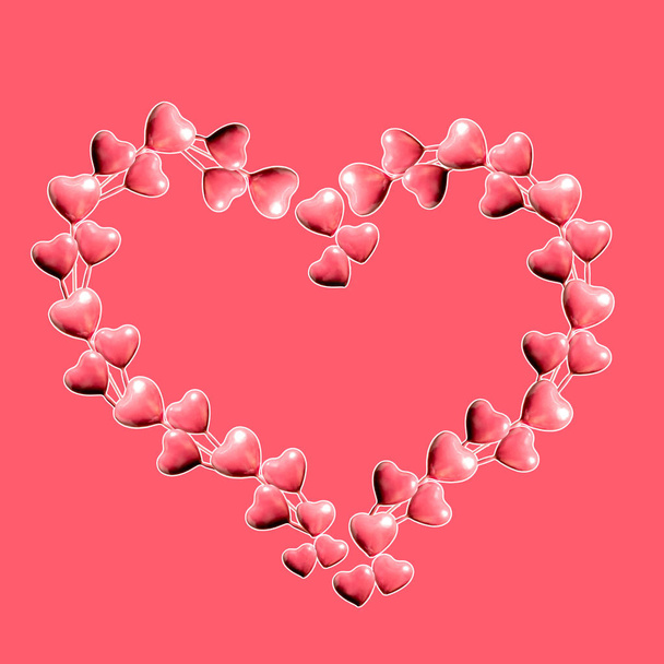 Set of big heart made of pink hearts isolated on pink background and copy space. Valentine's Day or mother's day ornament is colorful Tones.Flat lay. - Фото, изображение