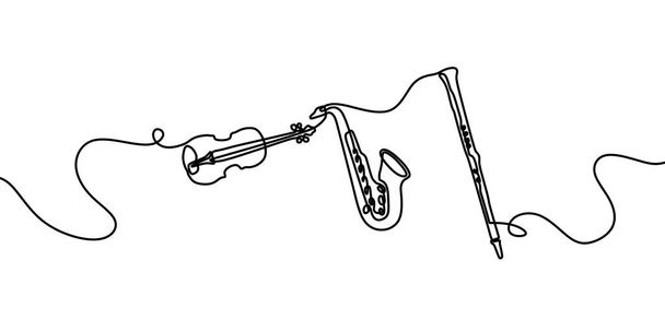 Jazz music instrument. One line drawing of saxophone, violin, and clarinet. Minimalism style vector illustration, simplicity design. - Vector, Image