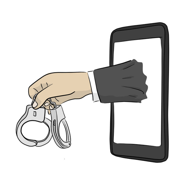 рука бизнесмена, держащего наручники с векторной иллюстрацией мобильного телефона эскиз каракули руки нарисованы изолированы на белом фоне. Концепция зависимости от мобильного телефона
. - Вектор,изображение