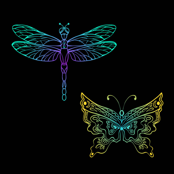 Dragonfly and butterfly in hand drawn sketch style. Line art. Tatoo art. Colourful design elements isolated on black background - Vector, Image