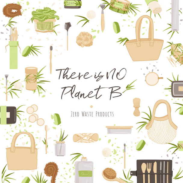 Zero Waste Vector Concept illustration σε Minimalism Style, με επαναχρησιμοποιήσιμα και ανακυκλωμένα προϊόντα Zero Waste - Ομορφιά, Κουζίνα, προσωπική φροντίδα και υγιεινή για οικολογική διαφήμιση - Διάνυσμα, εικόνα