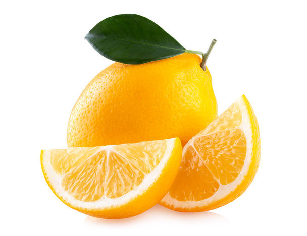 Ripe lemon with leaf and slices isolated on white background - Foto, Imagem