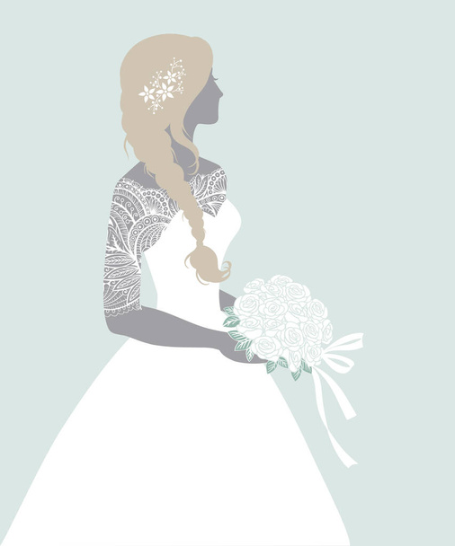 Όμορφη νύφη κρατώντας ένα τριαντάφυλλο μπουκέτο, διανυσματική απεικόνιση για ευχετήρια κάρτα ή πρόσκληση - Διάνυσμα, εικόνα