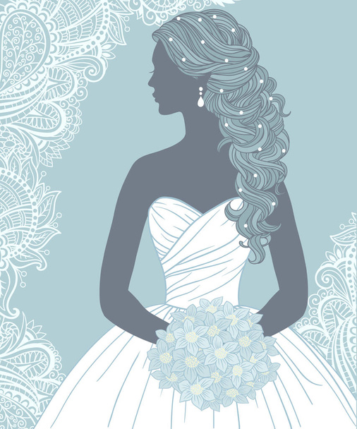 Bride with bouquet in profile, wedding  hair style, hand drawn vector illustration - Vektor, Bild