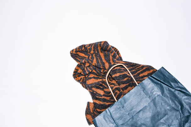 Γυναικείο πουλόβερ και χάρτινη τσάντα σε ελαφρύ φόντο, πάνω όψη. Αντιγραφή χώρου, - Φωτογραφία, εικόνα
