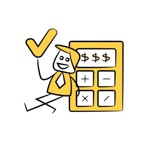 accountant or businessman holds out tick mark and sitting next to calculator yellow stick figure theme - Vector, Image