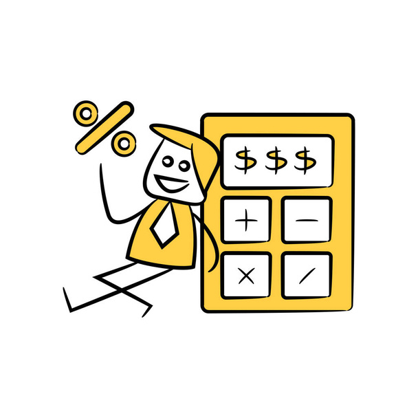 księgowy lub biznesmen posiada obecnie procent i siedzi obok kalkulator żółty kij postać tematu - Wektor, obraz