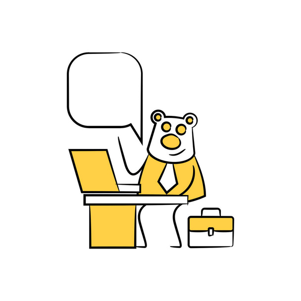 ours travailleur, homme d'affaires assis et travaillant avec ordinateur portable bulle parole jaune chiffre bâton
 - Vecteur, image