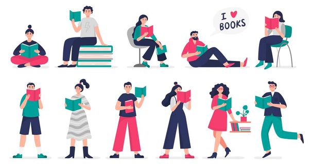 Stijlvolle mensen houden van studeren en boeken lezen. Set vector Illustratie mensen in moderne platte stijl kunnen gebruikt worden door bibliotheken, boekenbeurzen, winkels en scholen. - Vector, afbeelding