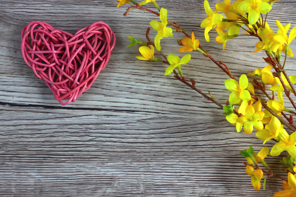 Любовне серце на дерев'яному фоні з цвітінням Laburnum - любовна картка, валентинка, денна листівка матерів, денна листівка батьків - любовний фон - простір для тексту
 - Фото, зображення