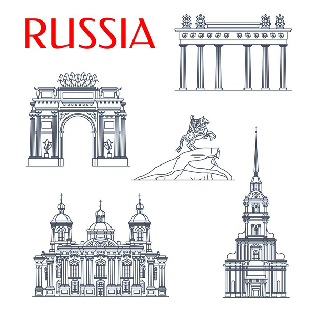 Petrohrad cestovní památky, Rusko slavné architektury a vyhlídkové symboly. Památník Vektora Bronzového Jezdce, Katedrála Petra a Pavla, Vítězný oblouk Narva a Moskevská brána - Vektor, obrázek