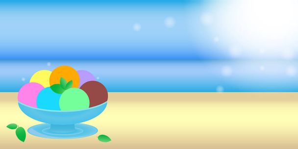 Banner with a beautiful seascape, balls of ice cream in the foreground, the concept of summer holidays, tourism and sales - Vector, Image