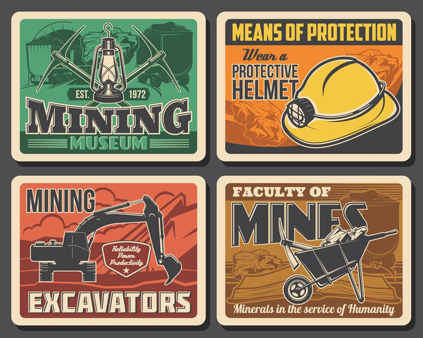 Kaivosteollisuuden hiilen kaivos koneet kaivinkoneet ja kaivostyöläisten laitteet museo vektori vintage julisteita. Miner yliopisto ja teollinen tuotanto tiedekunnan metalli- ja rautamalmin louhinta
 - Vektori, kuva