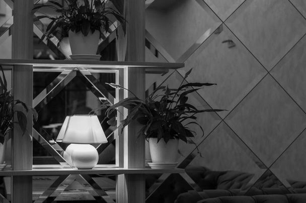 Wnętrze pokoju. Czarno-białe zdjęcie nowoczesnego wnętrza lustrzanej ściany i białej lampy na półce z bujną roślinnością liści w doniczkach z białymi kwiatami. Modne tło z przestrzenią kopiowania. - Zdjęcie, obraz
