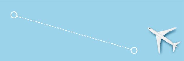 Avión y línea indicando la ruta sobre un fondo azul. Concepto de viaje, billetes de avión, vuelo, paleta de ruta. Banner. Piso tendido, vista superior
. - Foto, imagen