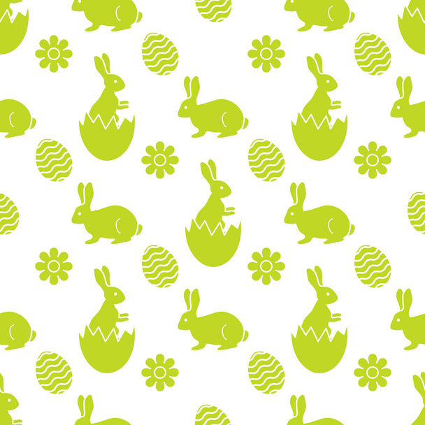 Vector seamless pattern Happy Easter. Easter Bunny, egg shell, decorated egg, flower. Festive background. Surprise. Hunt for eggs. Fun game for children. Design for packaging, fabric, prin - Вектор, зображення