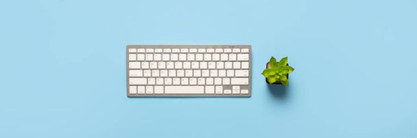 Keyboard and flower on a blue background. Concept workspace, work at the computer, freelance, office. Banner. Flat lay, top view. - Photo, Image