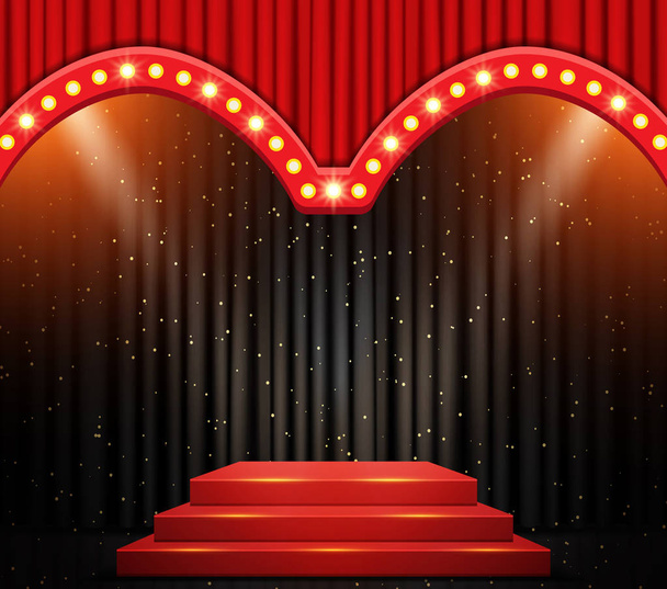 Escena vacía con escenario podio y cortina roja. Diseño para presentación, concierto, espectáculo. Ilustración vectorial
 - Vector, imagen