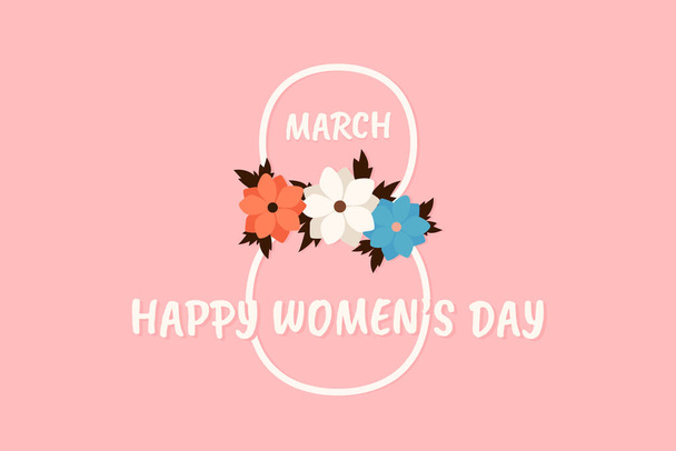 Pink banner for International Women's Day. Text Happy women's day with flowers.  - Foto, Bild