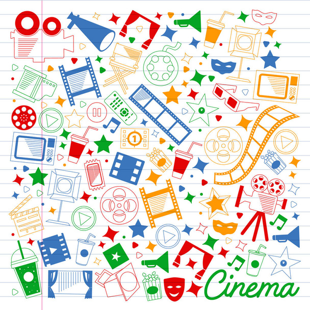 Vector pattern with cinema icons. Movie Theater, TV, popcorn, video clips, musical - Vector, Image