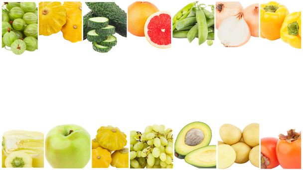 Línea de diferentes verduras y frutas de diferentes colores, aislados en el blanco
 - Foto, imagen