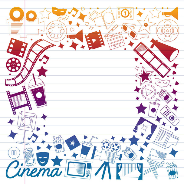 Vector pattern with cinema icons. Movie Theater, TV, popcorn, video clips, musical - Vektor, Bild