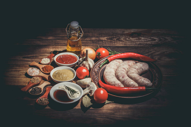 Many different spices, vegetables and ingredients, and fresh raw barbecue sausages for the family. - Valokuva, kuva