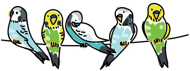 hand-drawn vector illustration of colorful parrots perching on wire on white - Vektor, obrázek