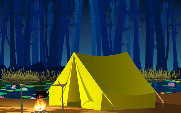夜の森の中の川でテントを張って - ベクター画像